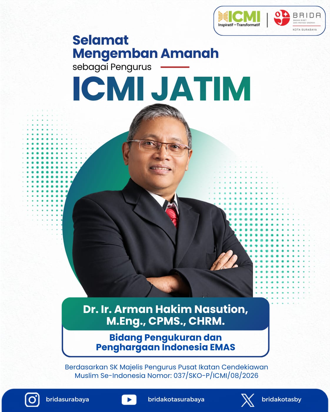 Akademisi ITS Dr. Ir. Arman Hakim Nasution Resmi Menjabat Pengurus ICMI Jawa Timur Bidang Pengukuran dan Penghargaan Indonesia Emas